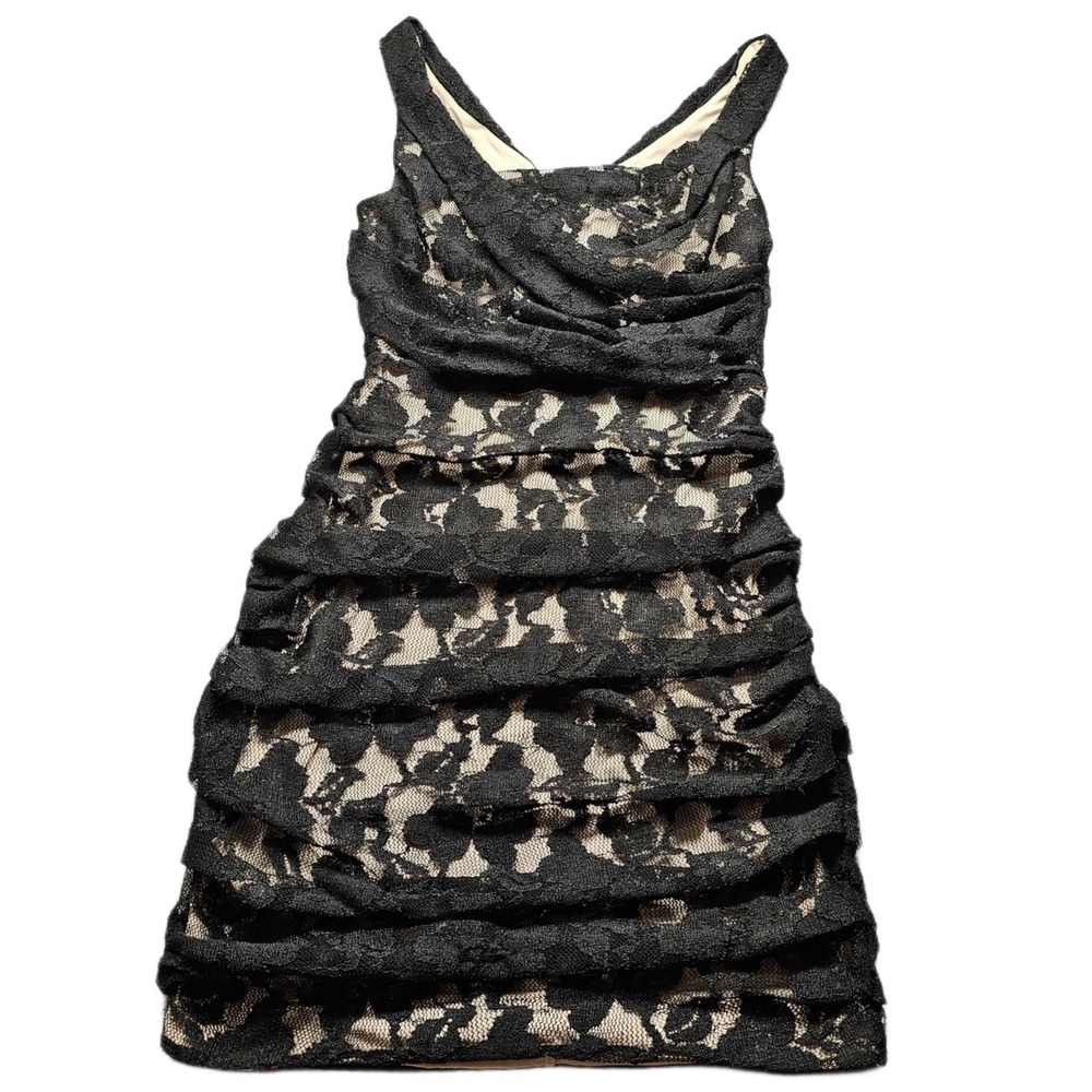 EXPRESS Tiered Lace Bodycon Dress Womens 4 Black Nude Lined Ruffled Back Zipper